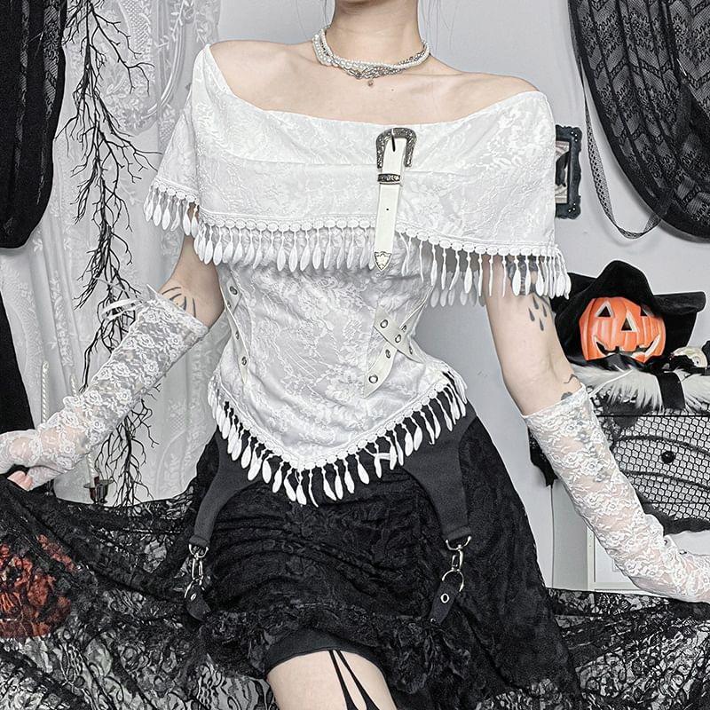 Short-Sleeve Boatneck Fringed Crop Top product image