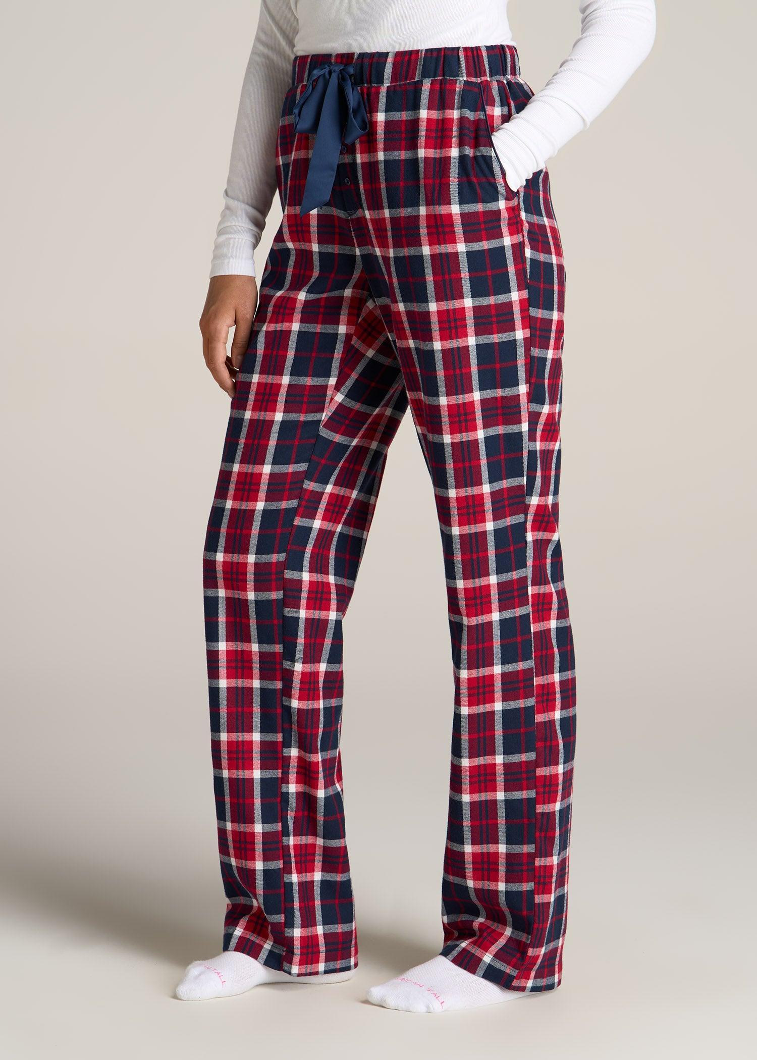 Open-Bottom Flannel Women's Tall Pajama Pants in Apple Red and Navy Plaid Female Product Image