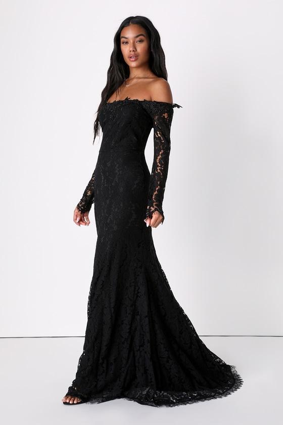 Romance Dreamer Black Lace Off-the-Shoulder Maxi Dress Product Image