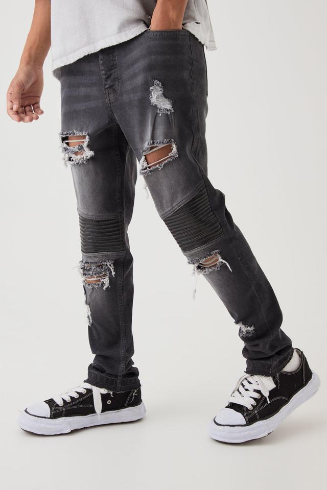 Skinny Distressed Raw Hem Biker Jeans | boohooMAN USA Product Image