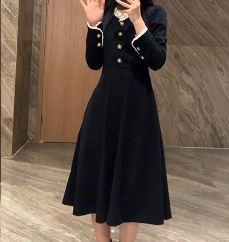 Long-Sleeve Henley Plain Lace Trim Midi A-Line Dress Product Image