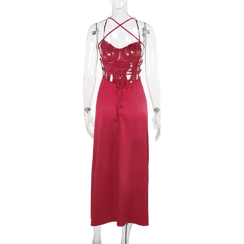 Spaghetti Strap Open Back Plain Maxi A-Line Dress Product Image