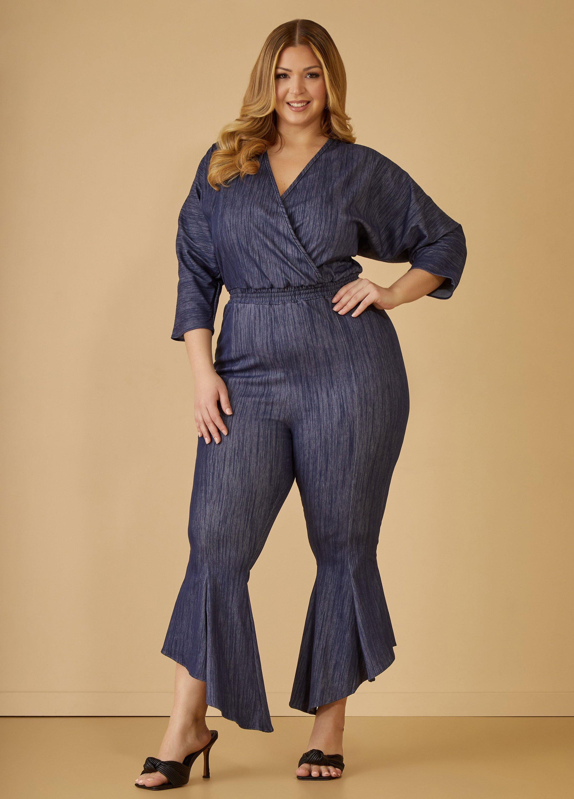 Plus Size Textured Denim Kick Flare Jumpsuit Ashley Stewart Product Image