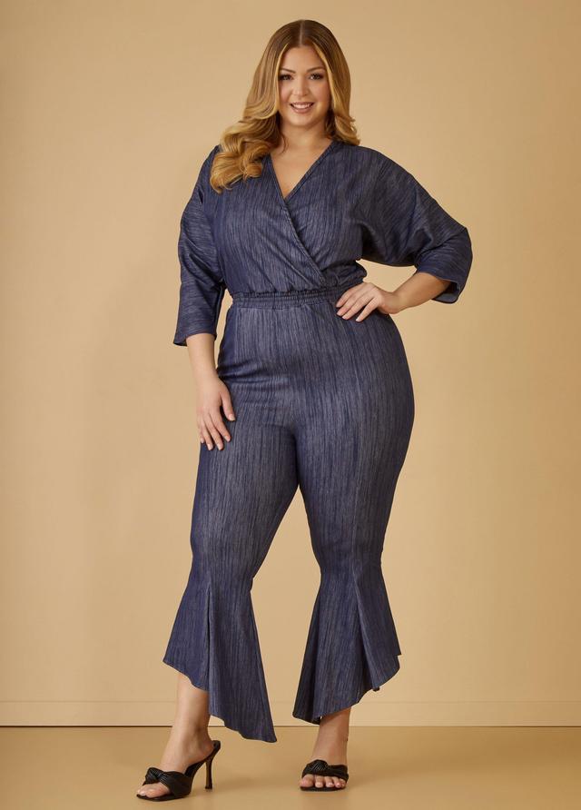 Textured Denim Kick Flare Jumpsuit Product Image