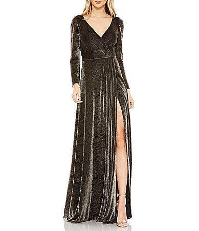 Mac Duggal Metallic Suede Surplice V-Neck Long Sleeve Thigh High Slit Faux Wrap Gown Product Image