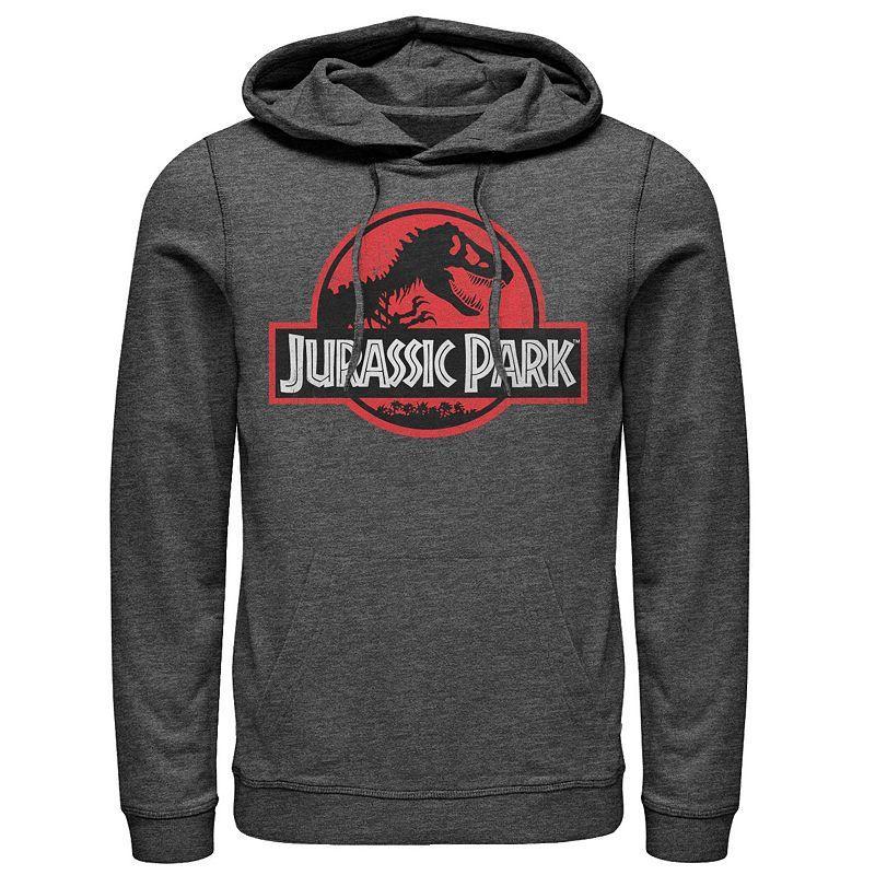 Mens Jurassic Park Red Circle Logo Distressed Pullover Hoodie Grey Heather Product Image