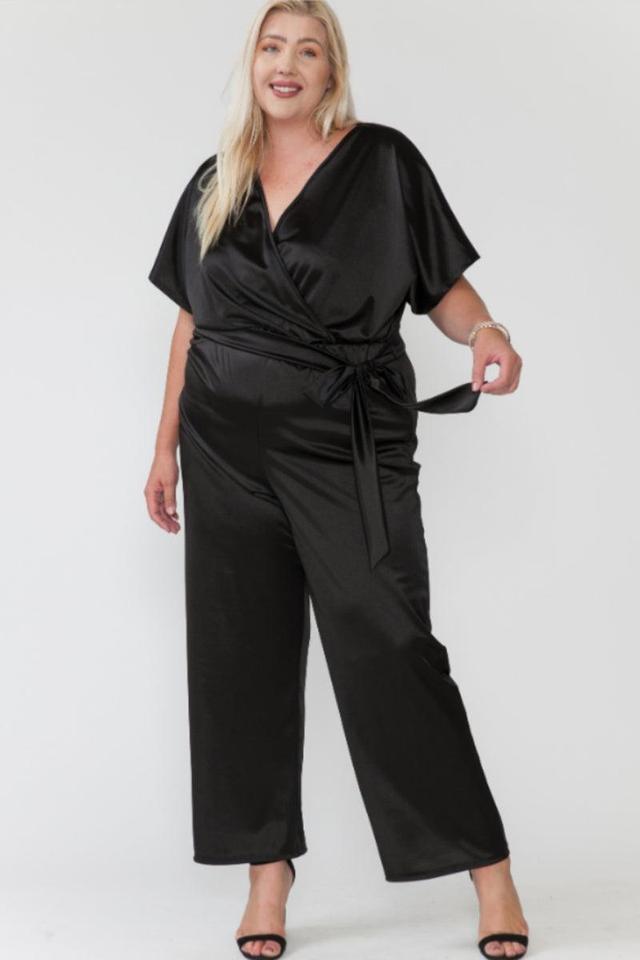 Plus Size Over Lap V Neck Waist Tie Wide Fit Jumpsuit Product Image