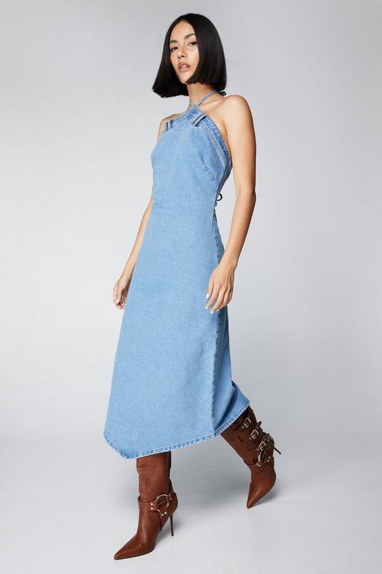 Denim Tie Back Halter Midi Dress Product Image