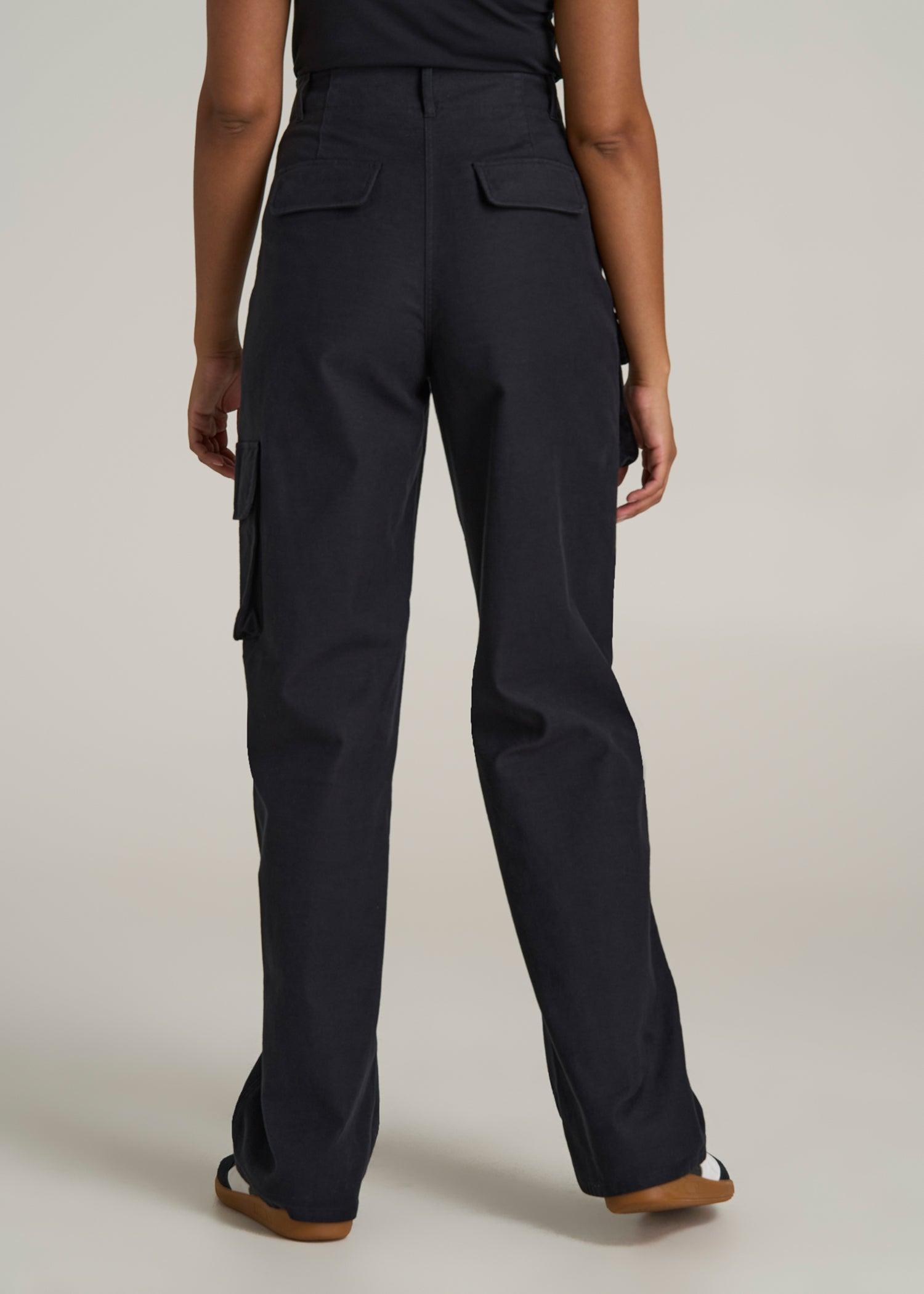 High-Waist Flat Front Cargo Pants for Tall Women in Black Product Image