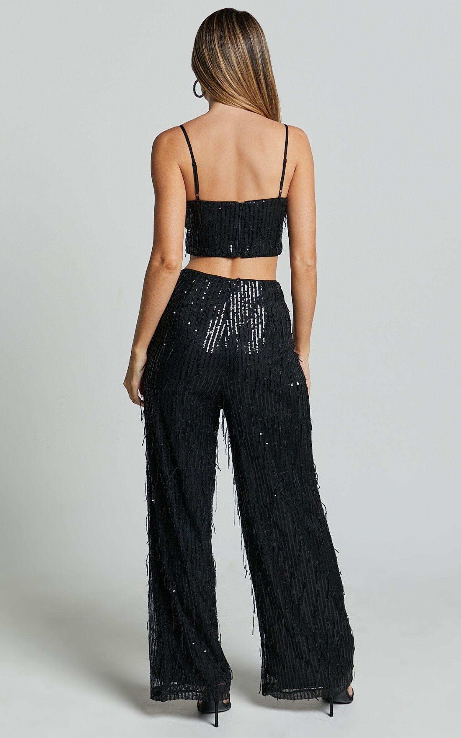 Claudette Pants - High Waist Wide Leg Fringe Sequin Pants in Black Product Image