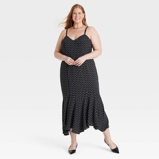 Womens Long Sleeve Maxi A-Line Dress - Ava & Viv Black Polka Dots 1X Product Image