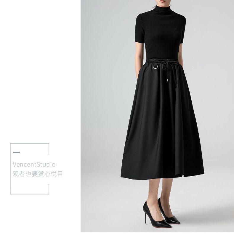 Drawstring Waist Plain Midi A-Line Skirt Product Image