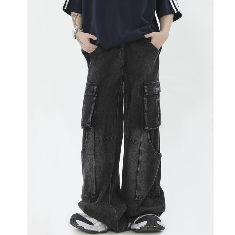 Mid Waist Washed Wide Leg Cargo Jeans Product Image