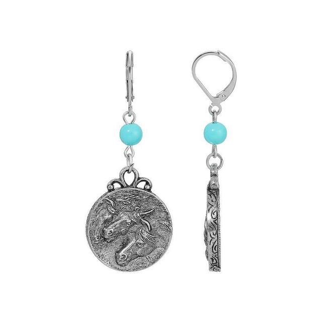 1928 Silver Tone Simulated Turquoise Bead Horse Medallion Drop Earrings, Womens Product Image