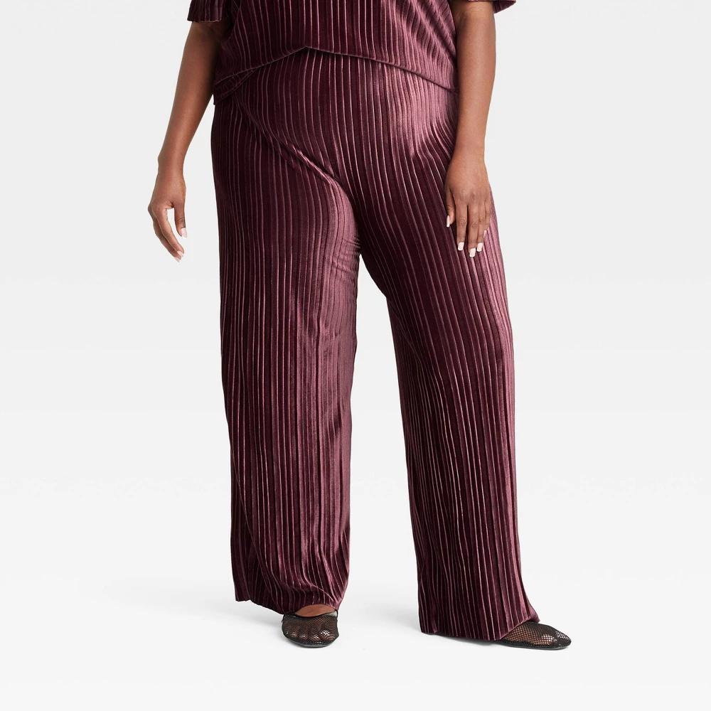 Womens High-Rise Straight Leg Velour Pull-On Pants - A New Day Burgundy XXL product image