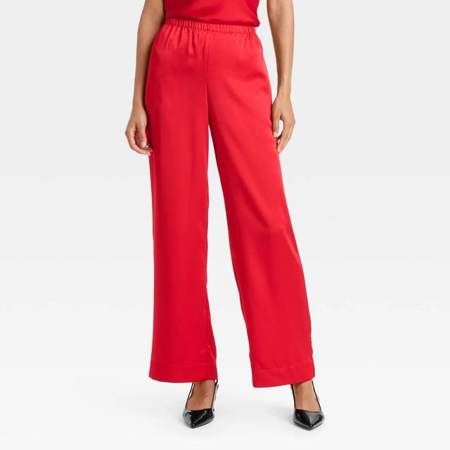 Womens Mid-Rise Straight Leg Satin Pull-On Pants - A New Day Red L Short Product Image