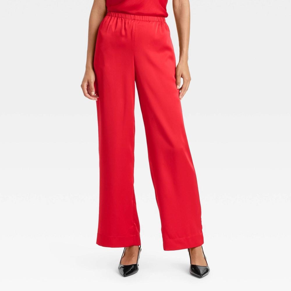 Women's Mid-Rise Straight Leg Satin Pull-On Pants - A New Day™ Red XL Long Product Image