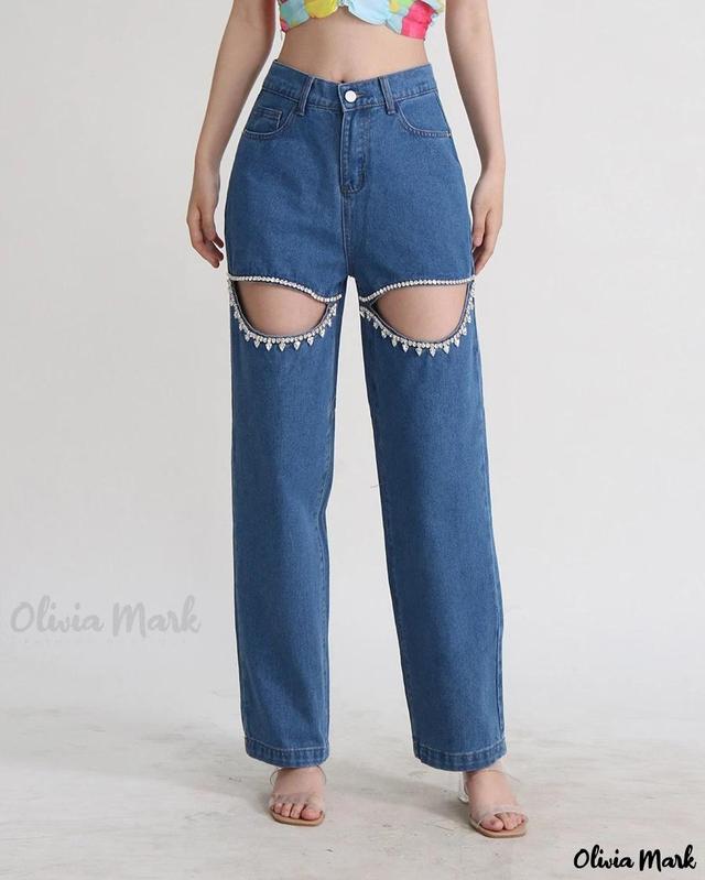 Olivia Mark – Stylish High-Waisted Denim Pants with Embellished Stud and Beaded Design, Enhanced with Cut-out Details, Loose-fit Straight-leg Trousers Product Image