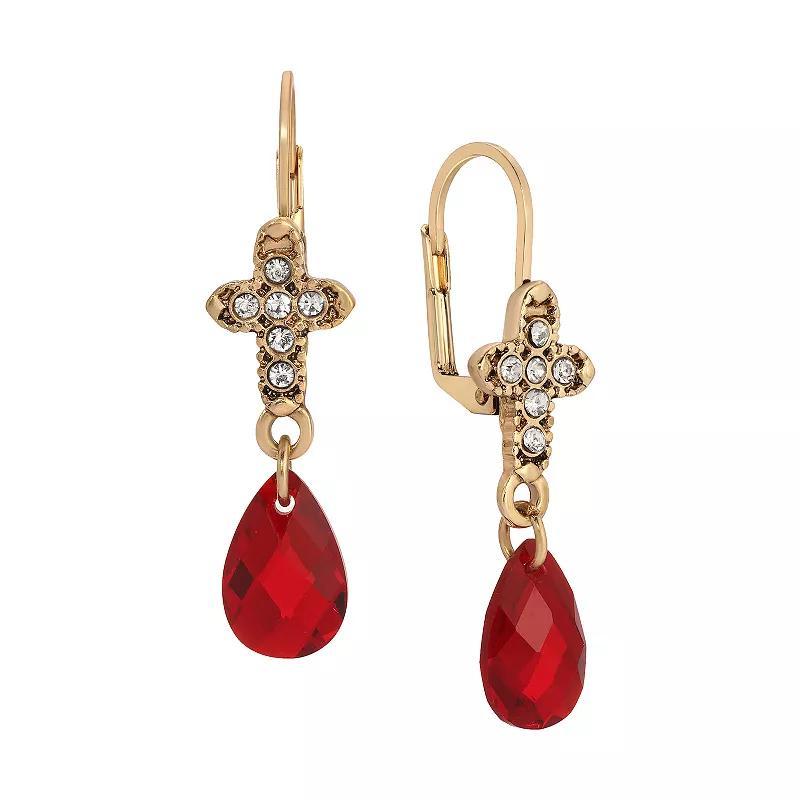 Symbols of Faith Gold Tone Crystal Cross Drop Earrings, Womens, Red Product Image