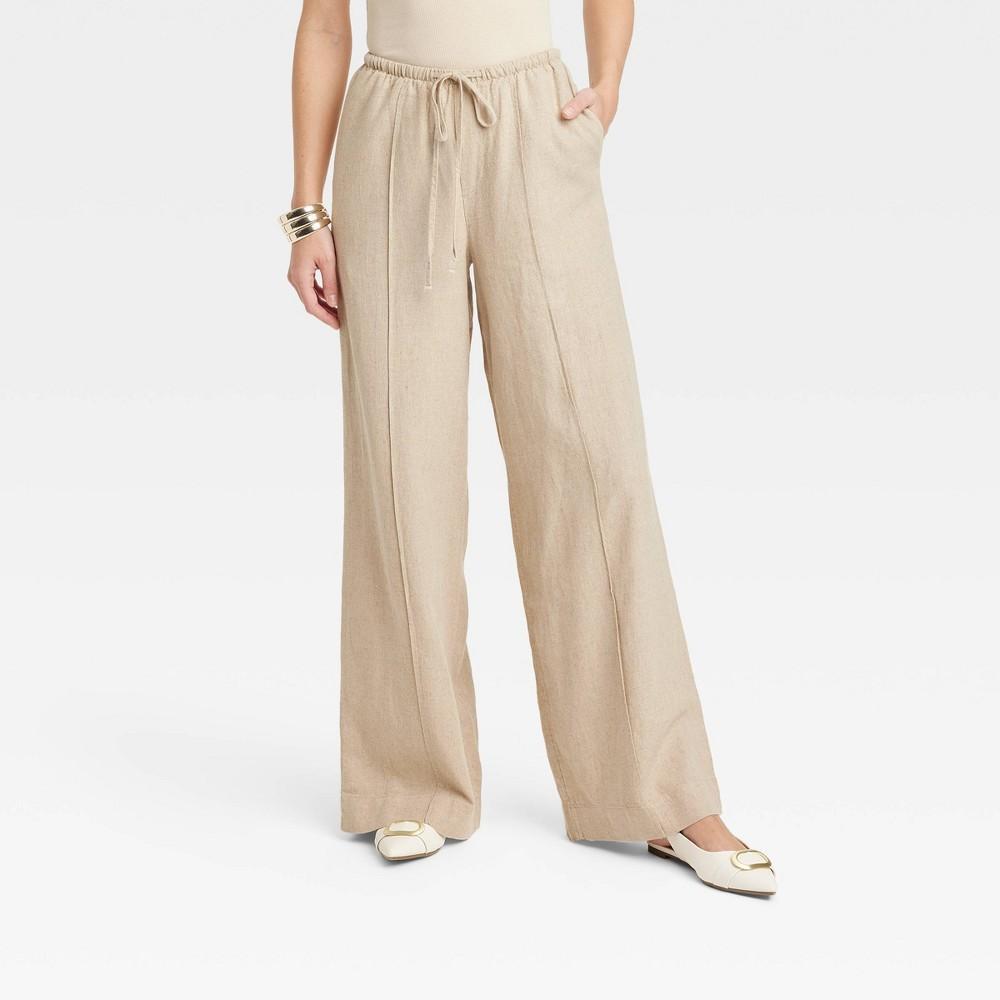 Womens High-Rise Wide Leg Linen Pull-On Pants - A New Day Tan M Product Image