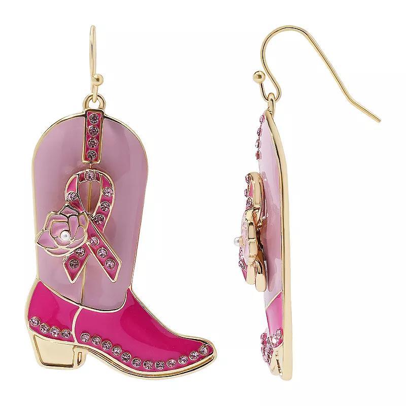 Celebrate Together Gold Tone Crystal Small Pink Ribbon Cowboy Boots Drop Earrings, Womens Product Image