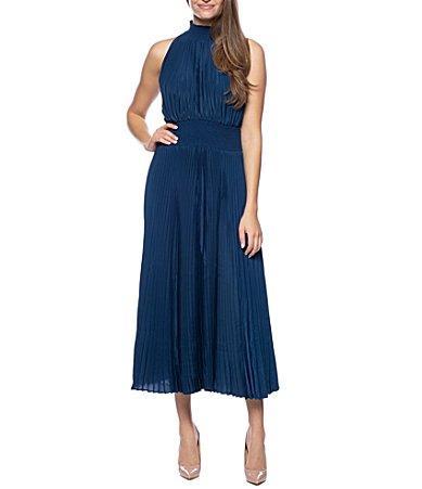 Marina Sleeveless Halter Mock Neck Smocked Pleated Crepe Chiffon A Product Image