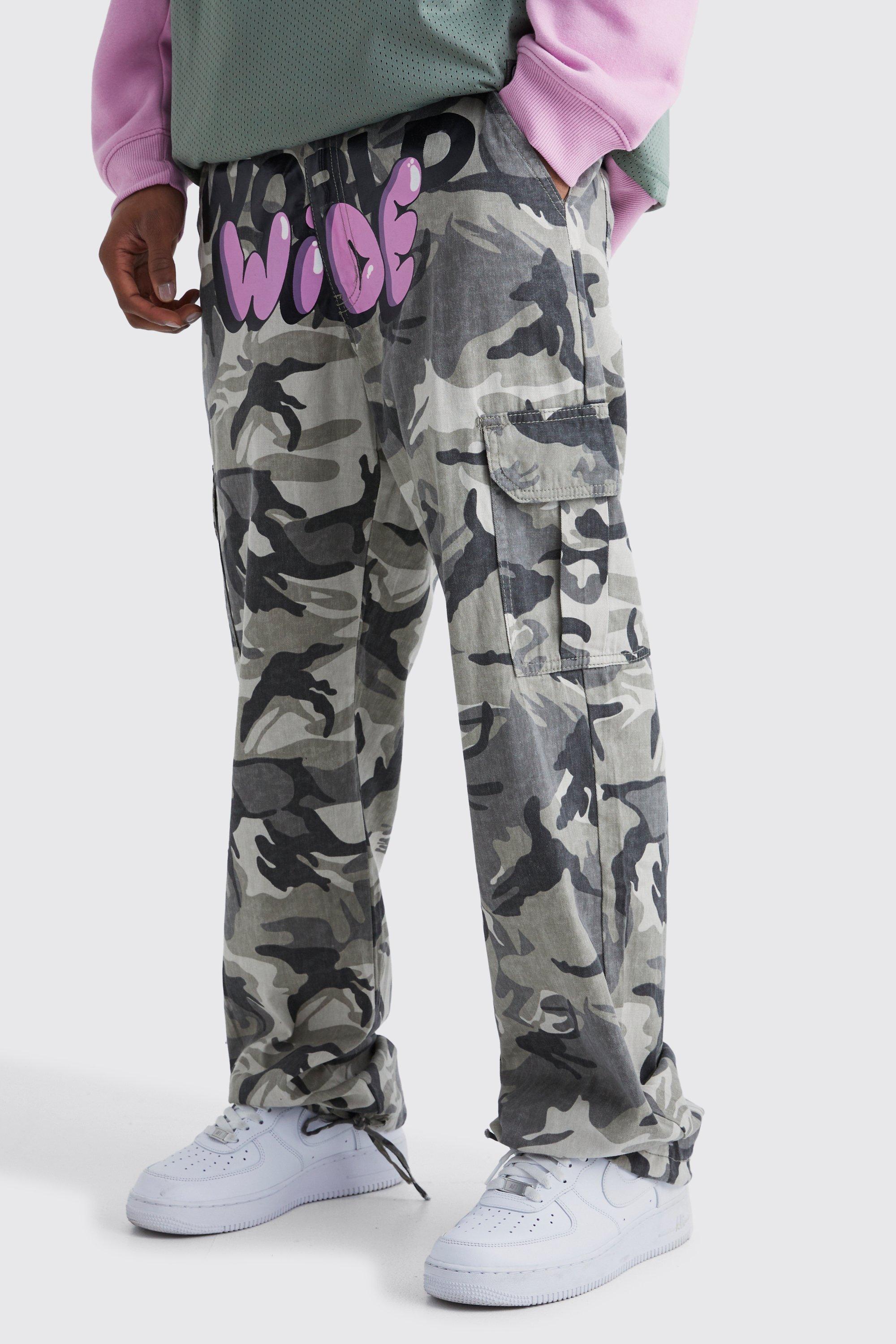 Relaxed Crotch Print Tie Hem Camo Cargo Pants | boohooMAN USA Product Image