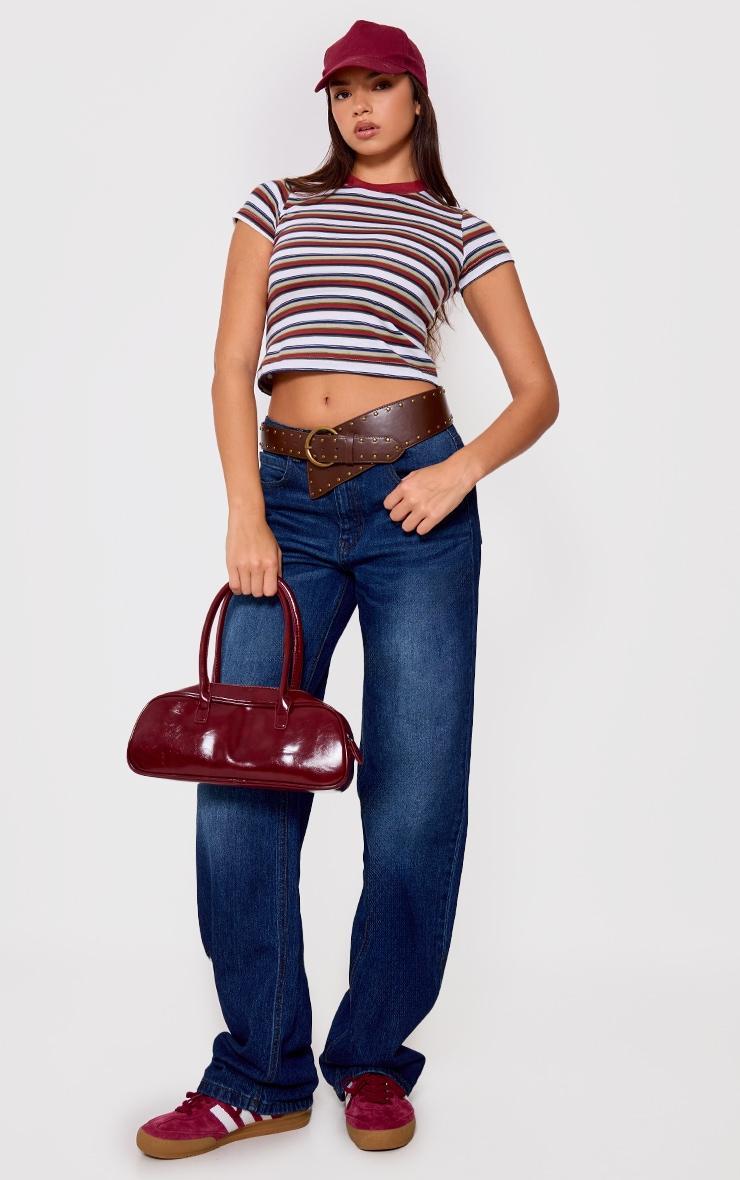  Burgundy Striped Contrast Collar Short Sleeve Top Product Image