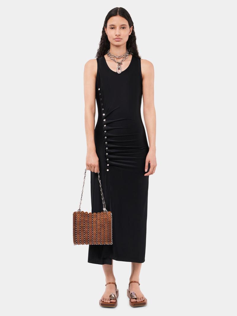 Sleeveless black drappé pression dress Product Image