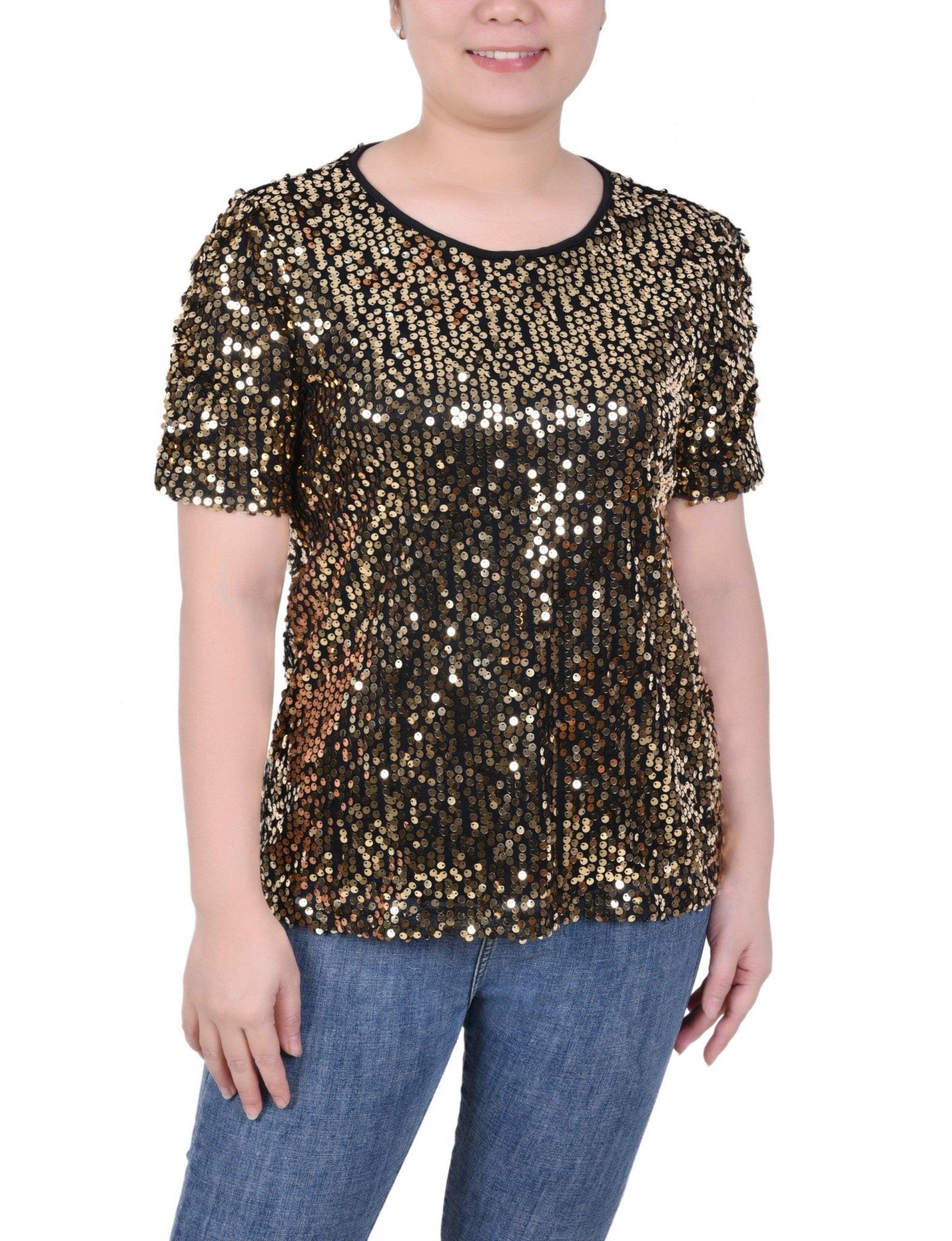 NY Collection Short Sleeve Sequined Top - Petite Product Image