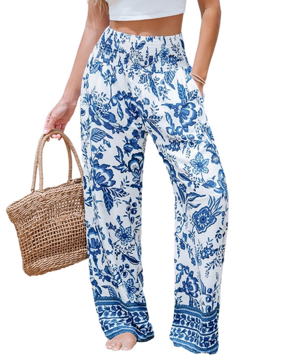 Women's Blue & White Floral Smocked Waist Straight Leg Pants Product Image