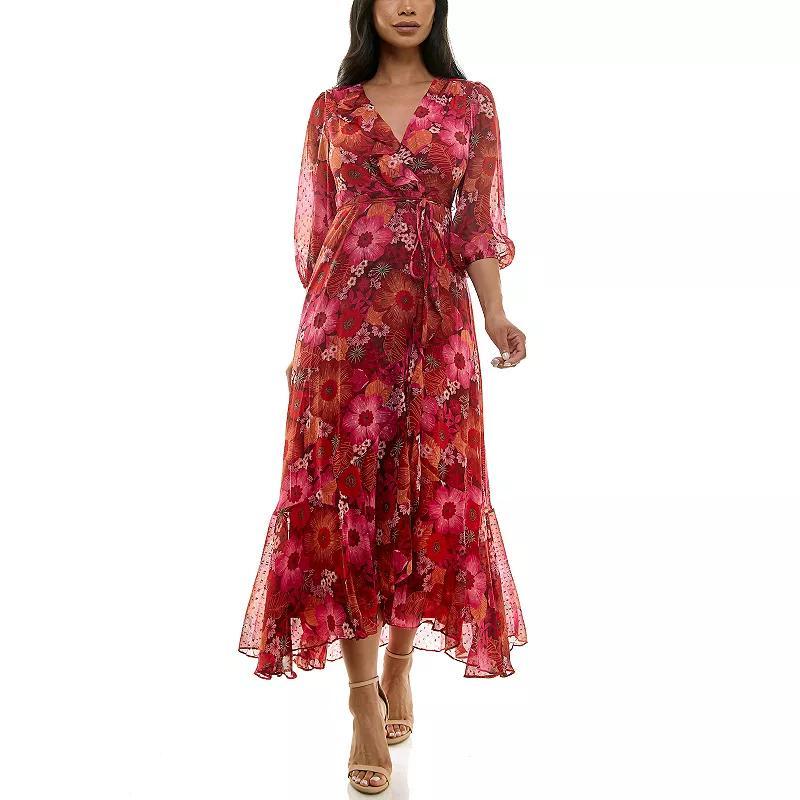 Womens Maison Tara Asymmetric Printed Ruffle Wrap Maxi Red Team Floral Product Image