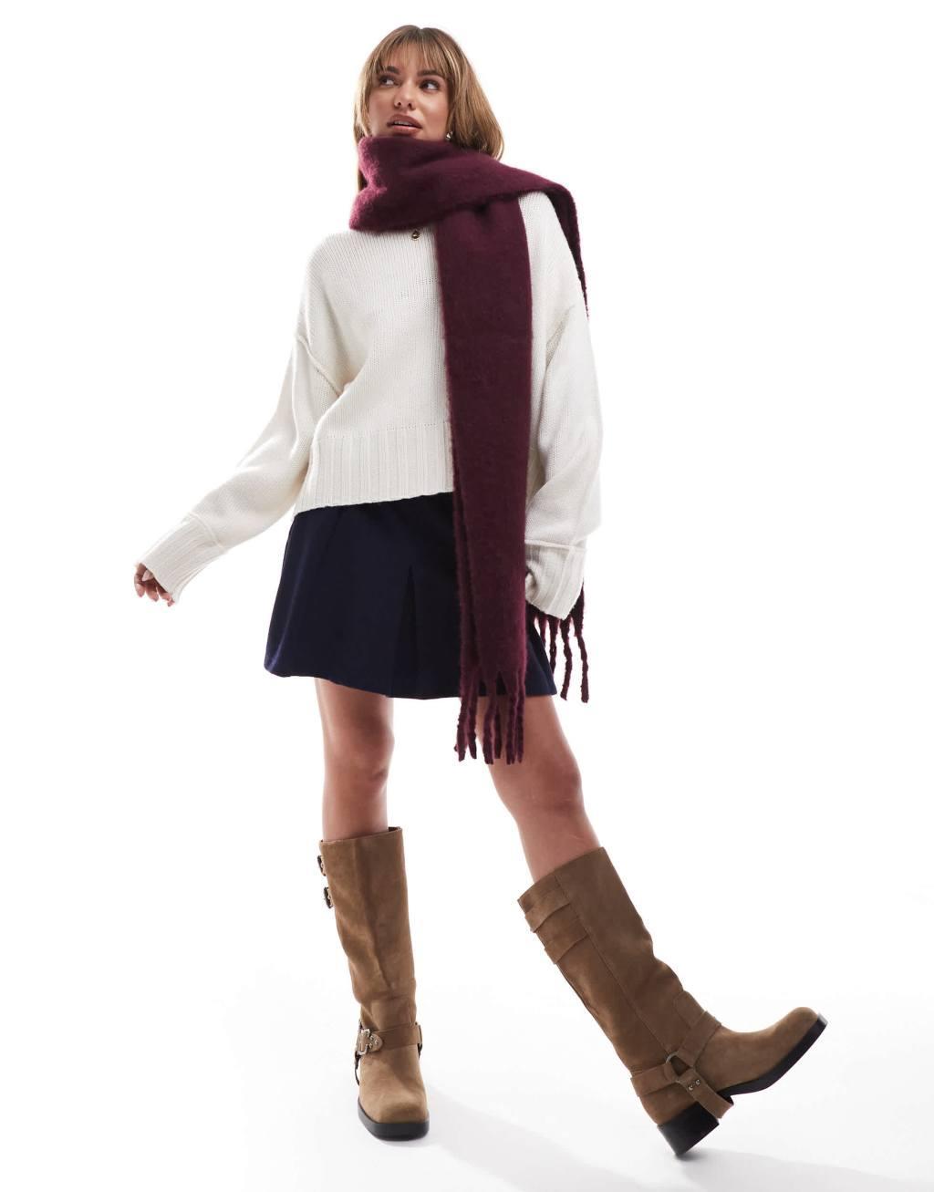 ASOS DESIGN fluffy tassel scarf in burgundy Product Image