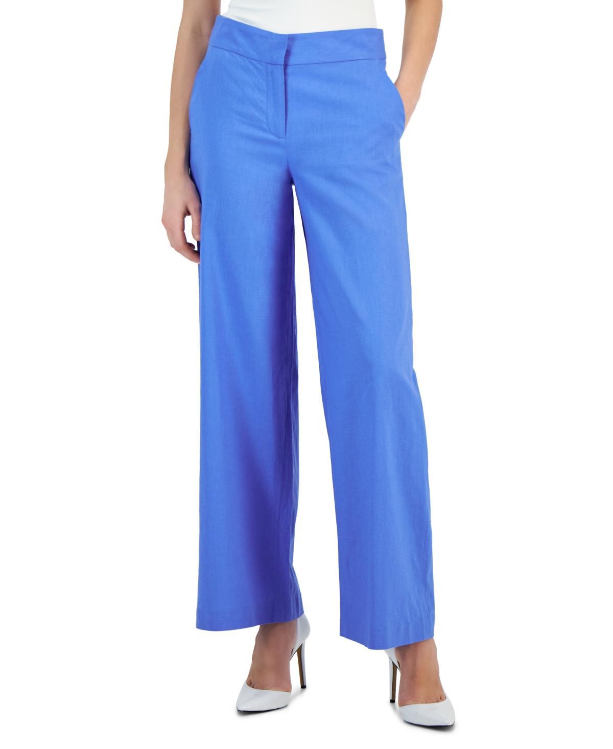 Tahari Asl Womens Solid Wide-Leg Mid-Rise Linen Pants Product Image