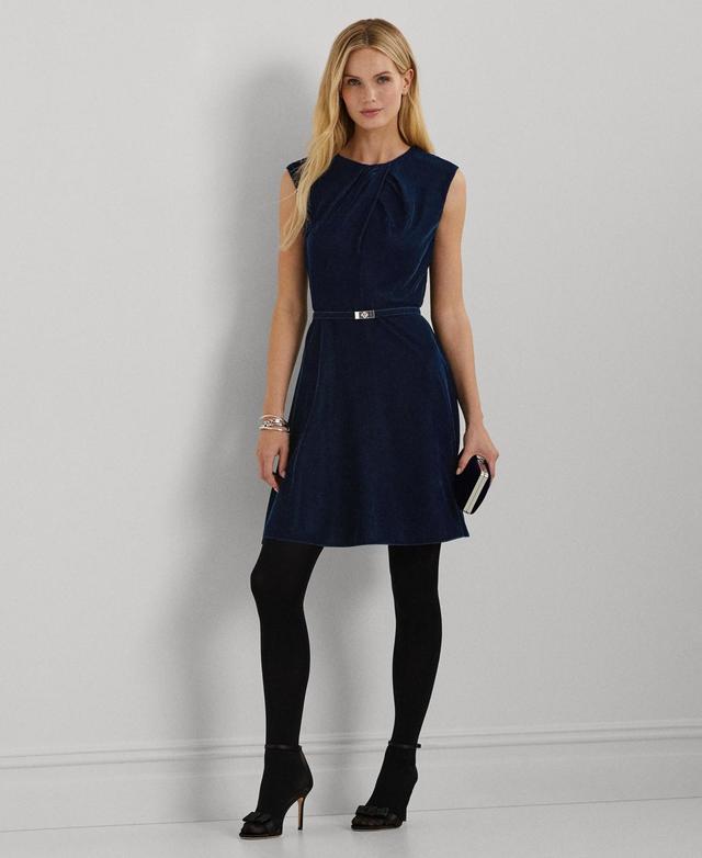 Lauren Ralph Lauren Womens Belted Velvet Cap-Sleeve Dress Product Image