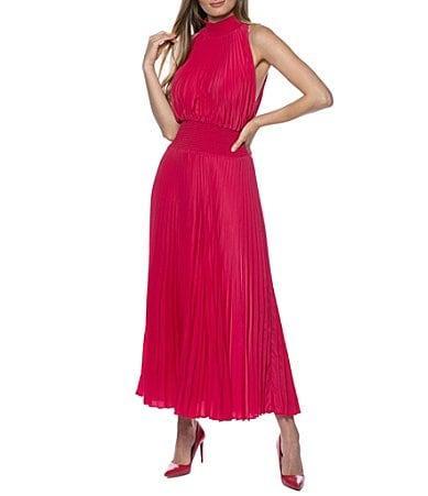 Marina Sleeveless Halter Mock Neck Smocked Pleated Crepe Chiffon A Product Image