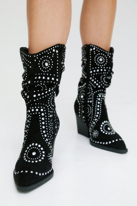 Faux Suede Studded Ankle Cowboy Boots Product Image