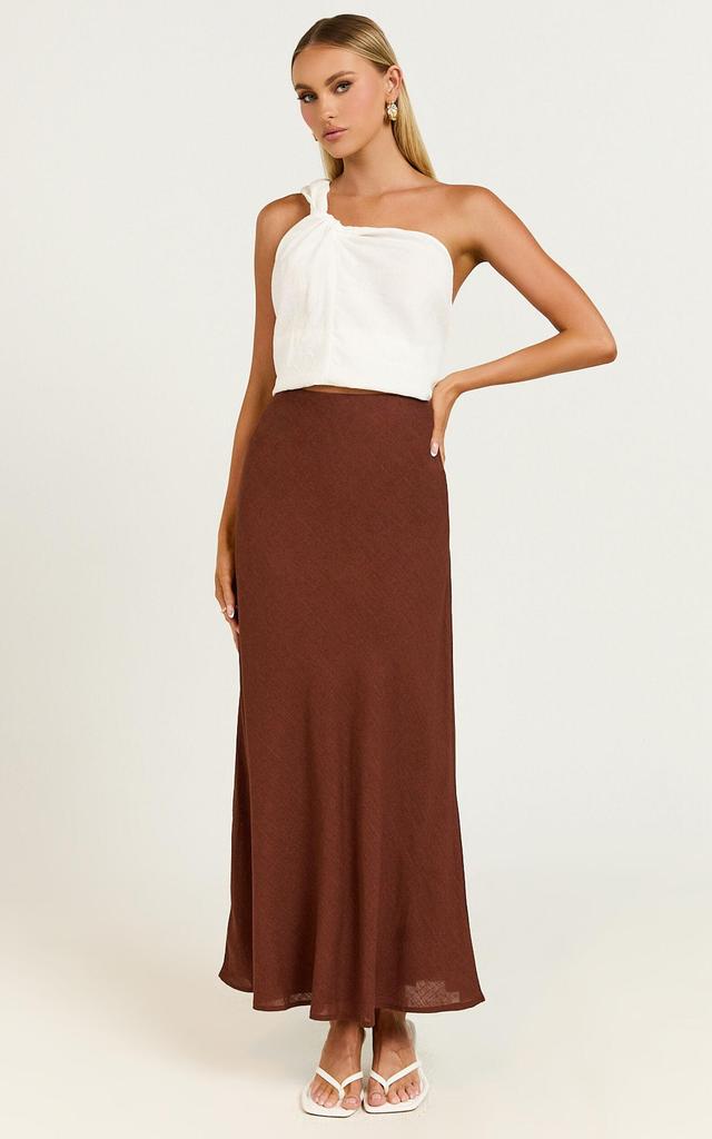 Collins Midi Skirt - Linen Look High Waisted Linen Look Bias Slip Skirt in Chocolate Product Image