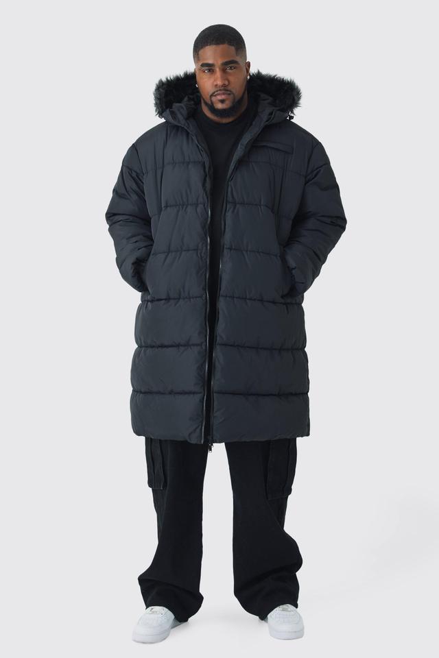 Plus Longline Faux Fur Hooded Puffer Jacket In Black | boohooMAN USA Product Image