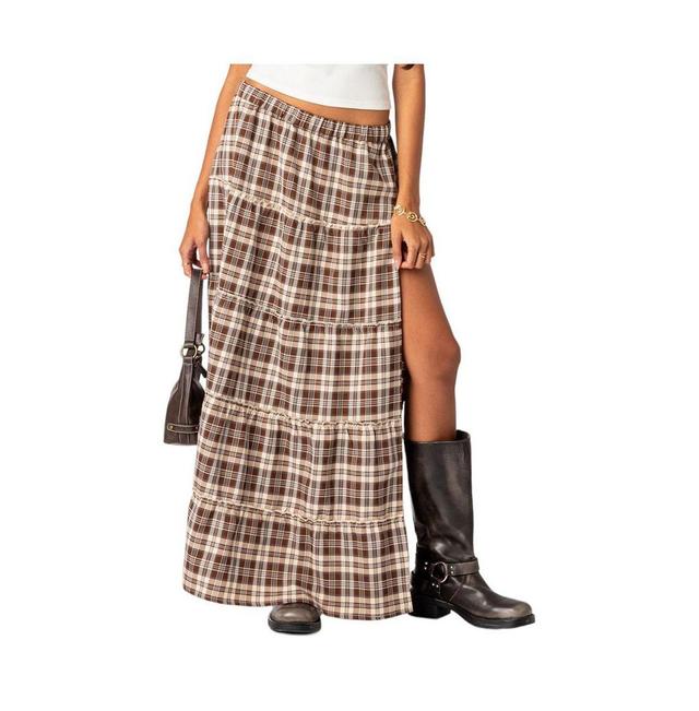 EDIKTED Plaid Tiered Slit Maxi Skirt Product Image