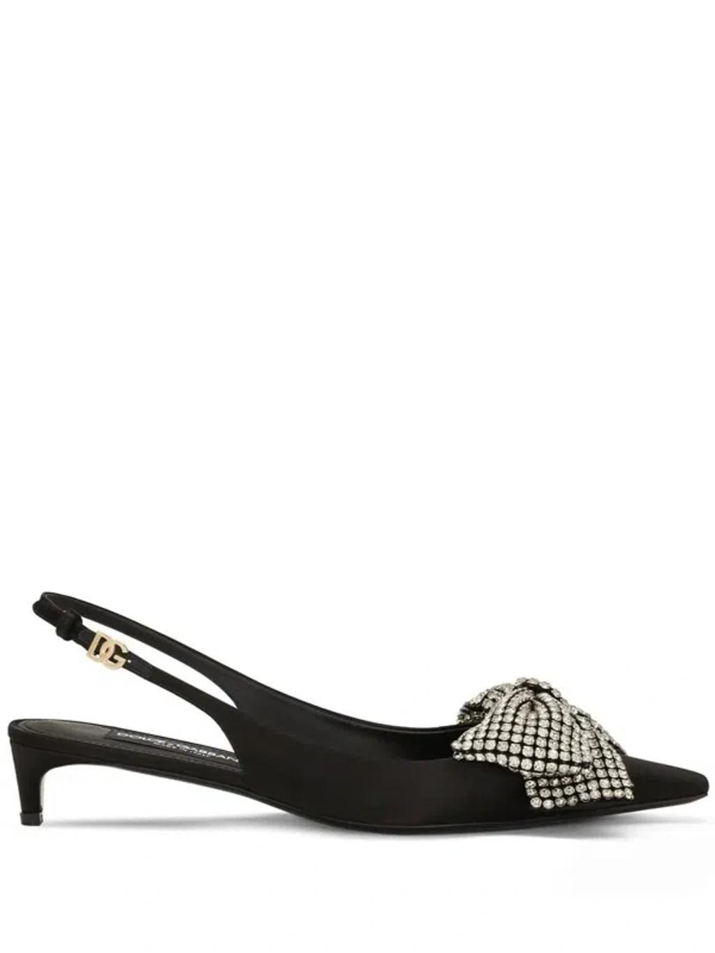 DOLCE & GABBANA Satin Crystal Bow Kitten Slingback Pumps In Black Product Image