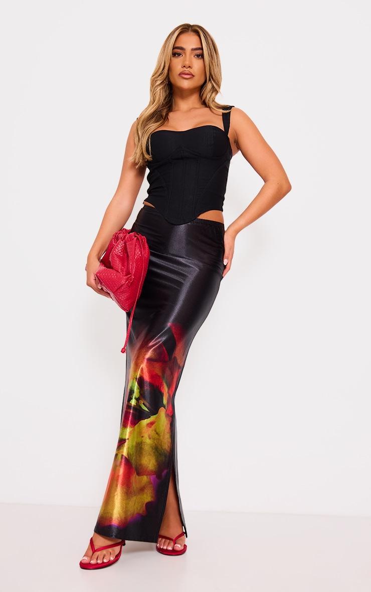 Black Floral Blur Print Stretch Satin Maxi Skirt Product Image