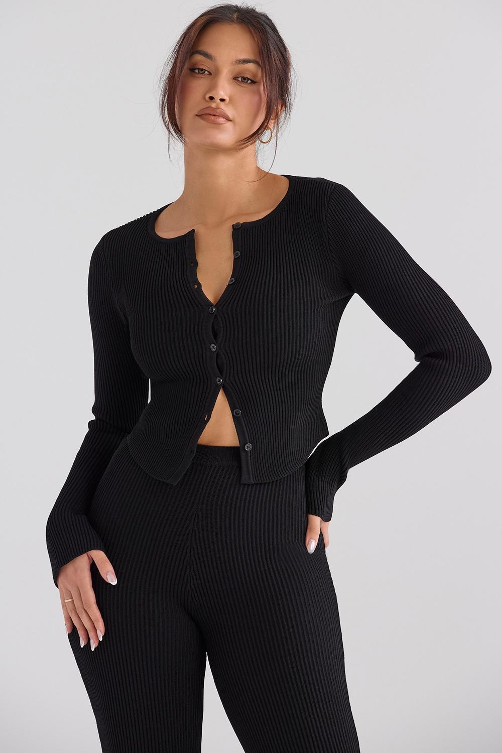 Sylvia Black Ribbed Knit Cardigan Product Image