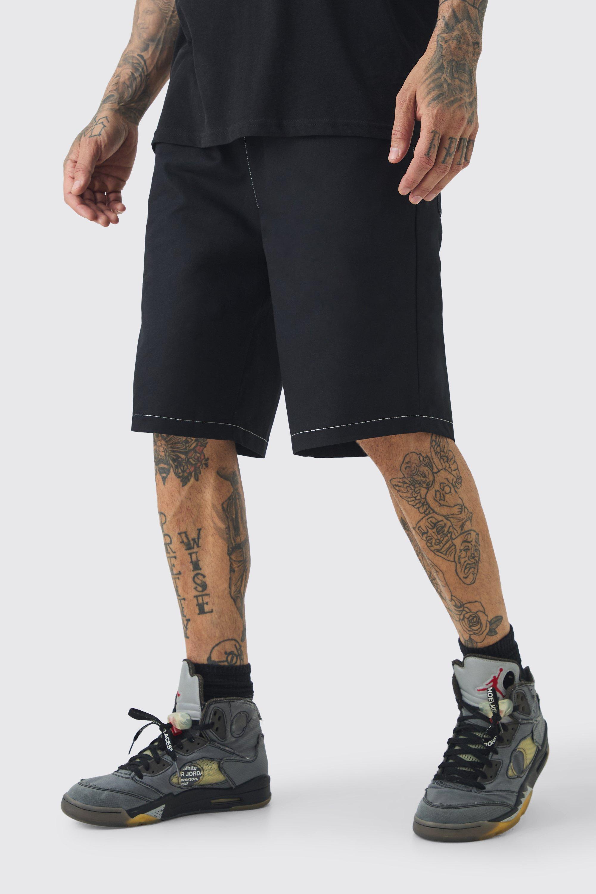 Tall Elasticated Waist Relaxed Twill Contrast Stitch Shorts | boohooMAN USA Product Image