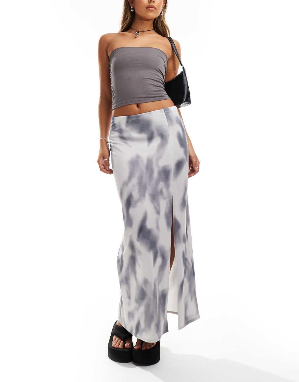 Monki slim maxi skirt in gray soft tie dye Product Image