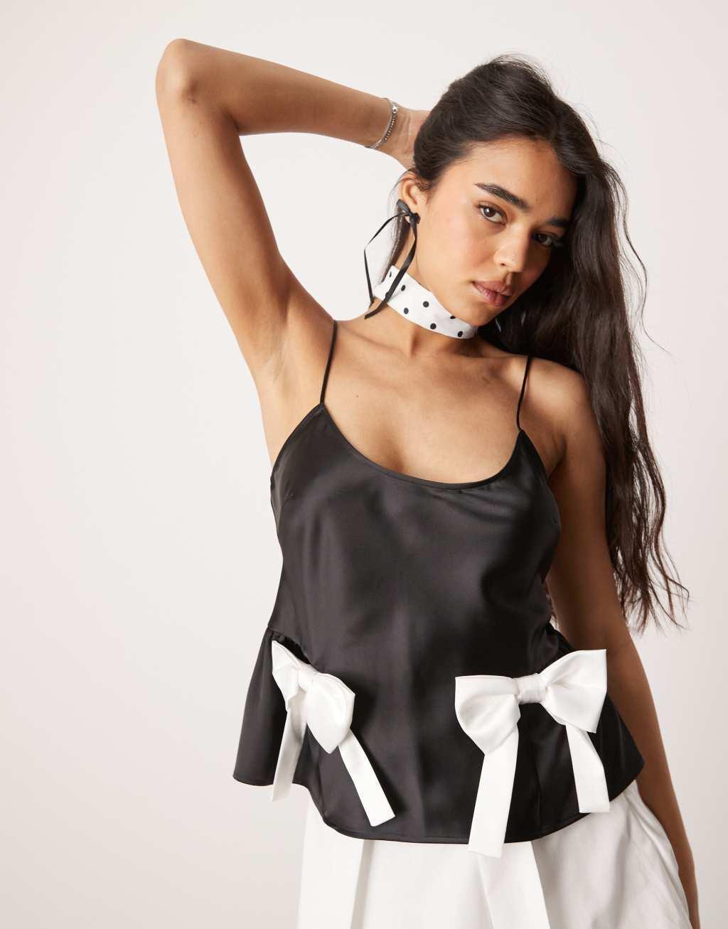 ASOS DESIGN satin bow cami top in black Product Image