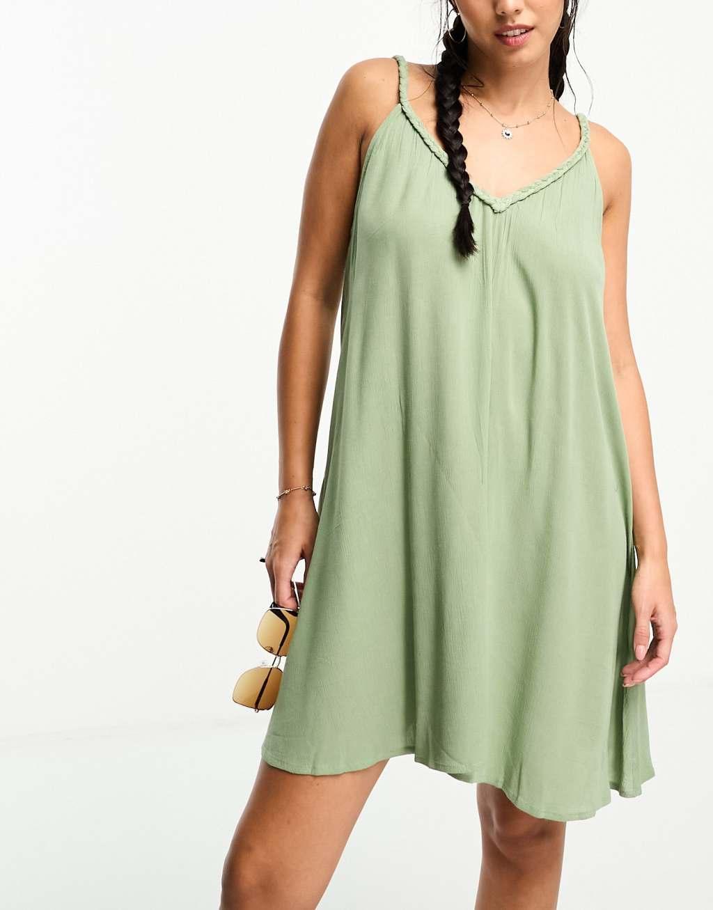 ASOS DESIGN braid detail crinkle beach swing dress in khaki Product Image