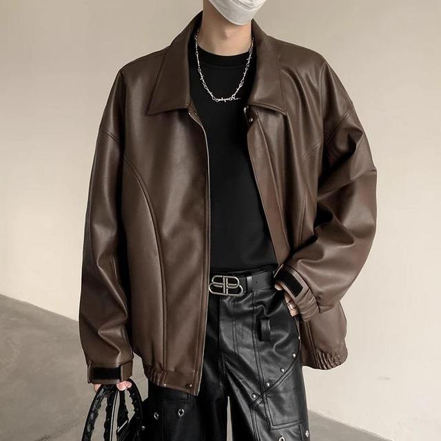 Plain Faux Leather Zip Jacket Product Image