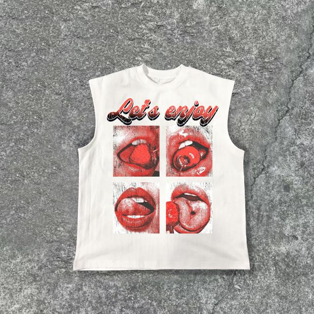 Men's Red Lip Vintage Print Cotton Tank Top Product Image