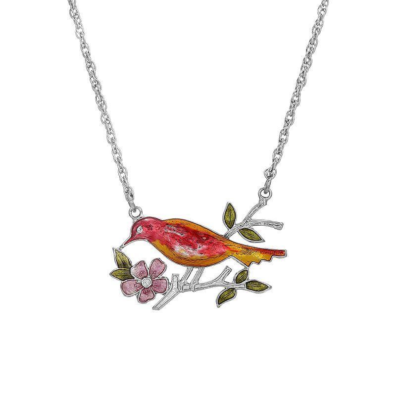 1928 Silver Tone Enamel Bird & Flower Necklace, Womens, Red Product Image